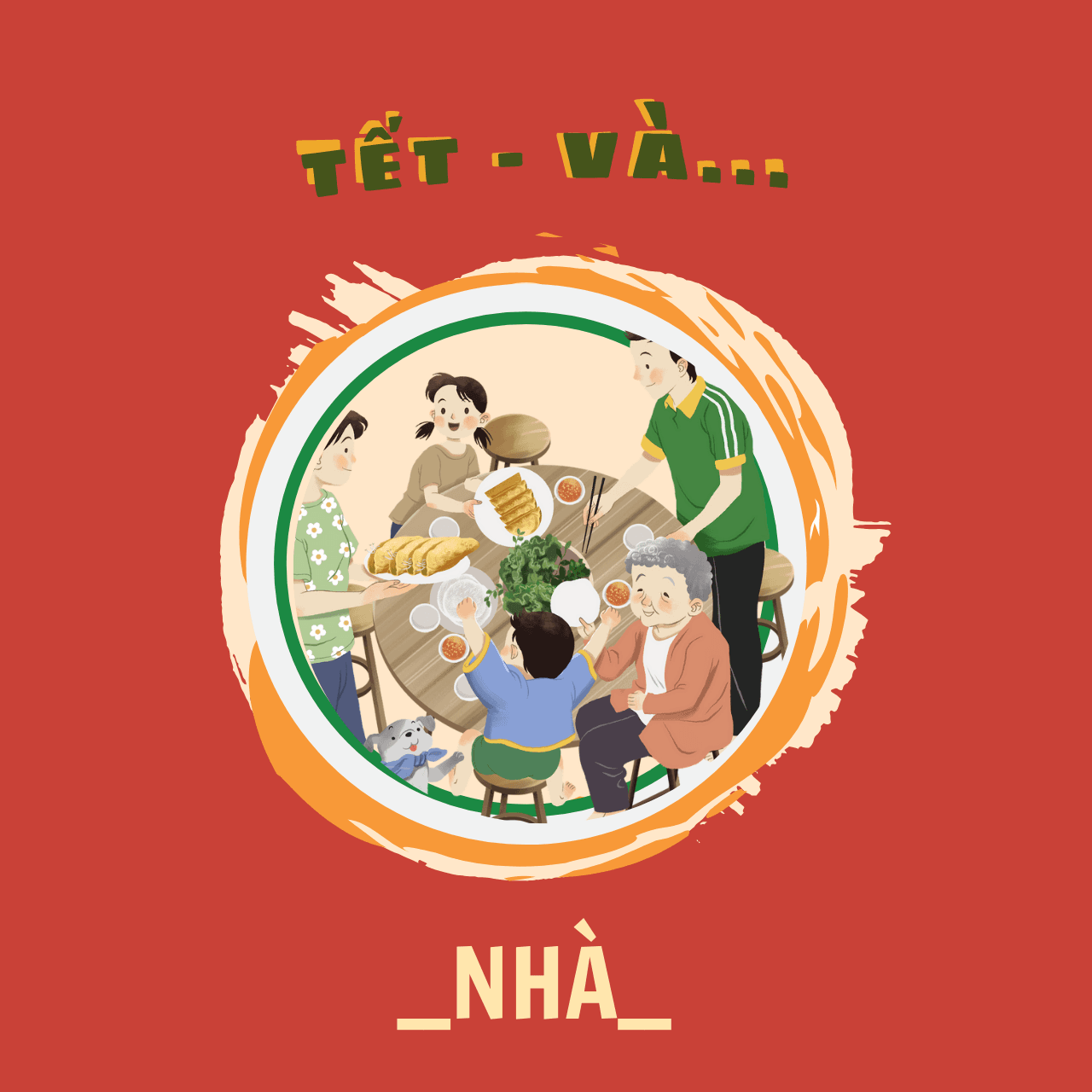Minh họa cả gia đình quây quần bên mâm cơm Tết